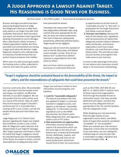 HALOCK-Article-A-Judge-Approved-a-Lawsuit-Against-Target Cyber Security Lawsuit Article on Target